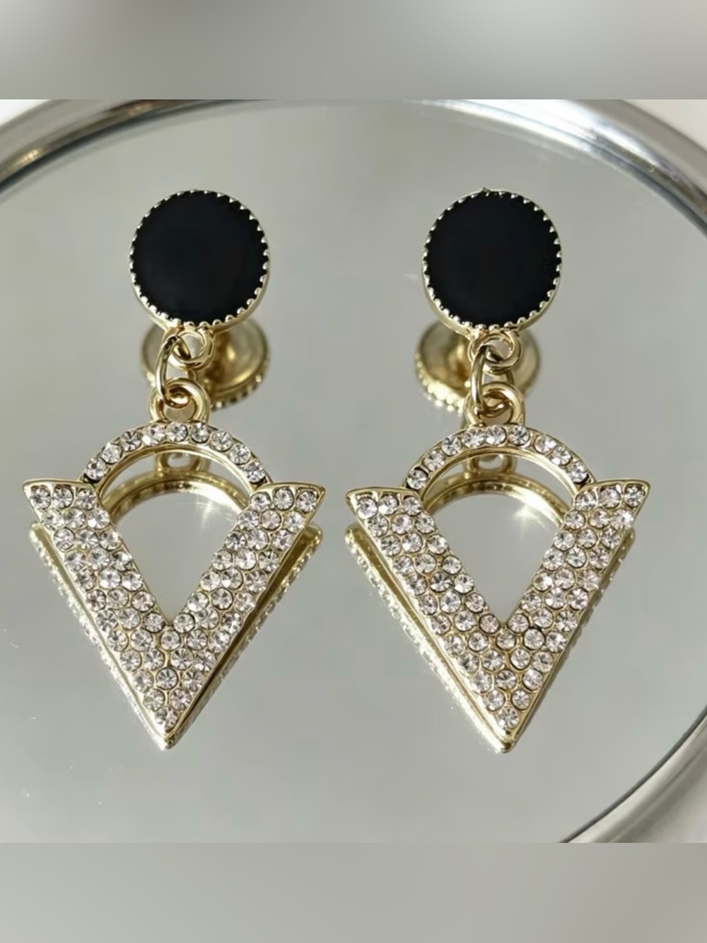 Gold-Tone V Drop Earrings with Black Enamel Discs and Crystals